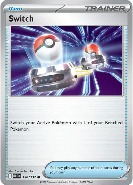 Pokémon Trainer Switch card featuring a white and red Poké Ball and device.