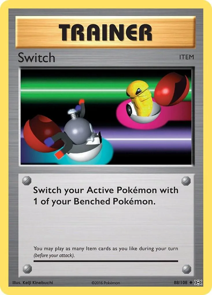 Trainer card featuring a gray and white Pokémon on a colorful background.