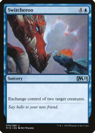 Red dragon head dominates card art. Blue and white frame. Magic: The Gathering card.