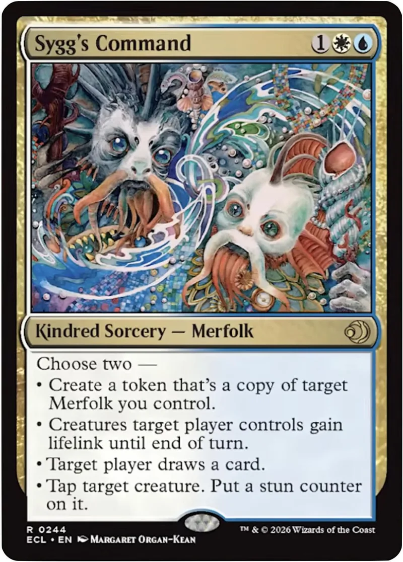Blue and white Magic: The Gathering card, Sygg's Command, featuring merfolk art.
