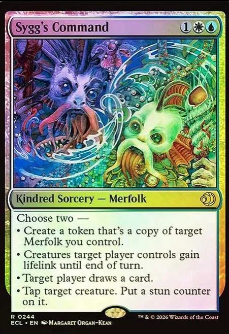 Purple and blue Magic: The Gathering card, Sygg's Command, featuring a monstrous creature.