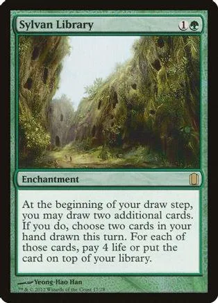 Green forest scene on a card with "Sylvan Library" text.