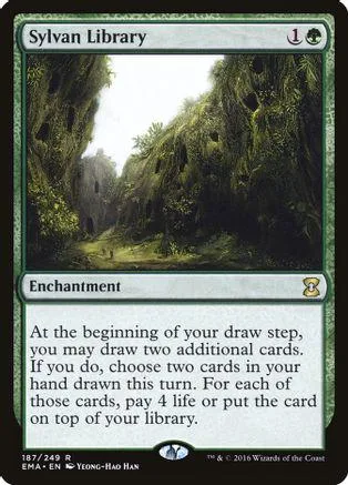 Green forest scene on a Magic: The Gathering card. Enchantment type.