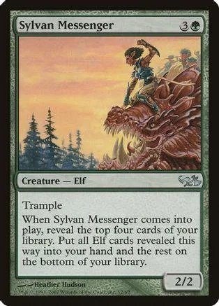Elf creature card, Sylvan Messenger, features a figure on a large brown beast.