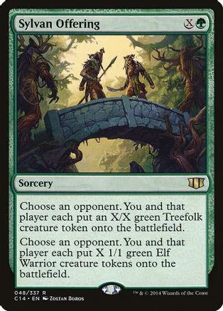 Green forest scene with figures crossing a stone bridge on a Magic: The Gathering card.
