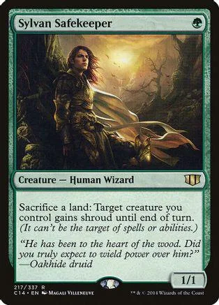 Wizard character in forest setting on a green and black Magic: The Gathering card.