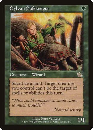 Wizard character on a large creature, green and brown tones, trading card art.