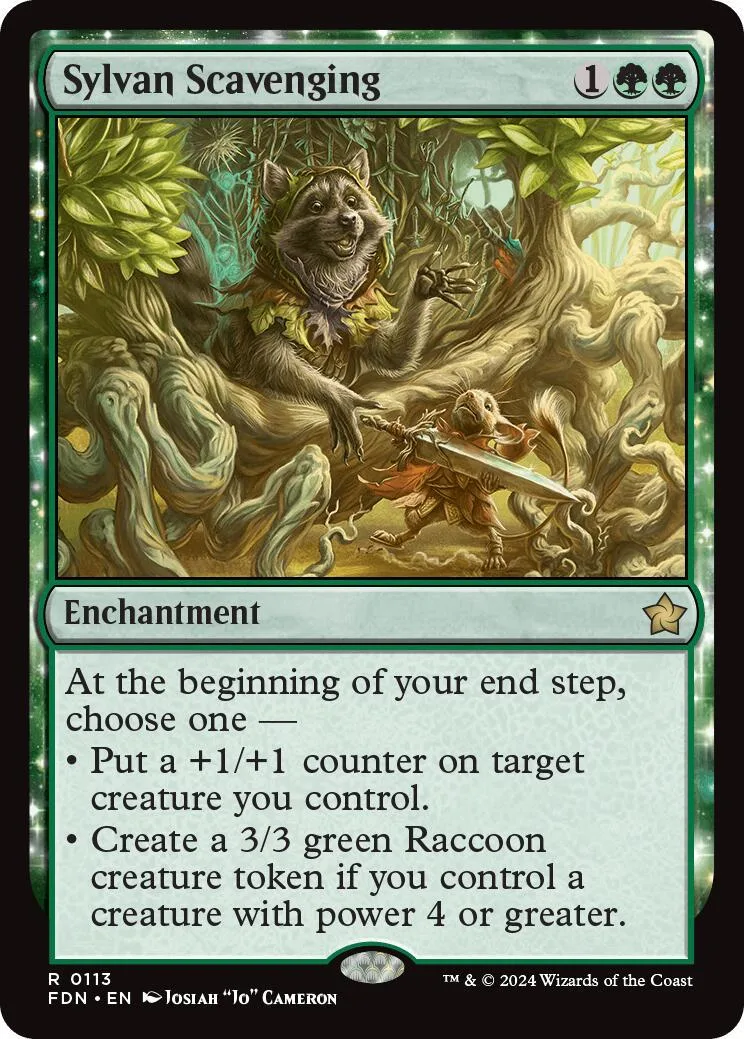 Brown raccoon in forest setting on a green and black Magic: The Gathering card.