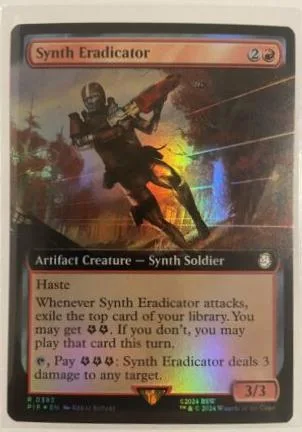 Dark, futuristic warrior on a card with red and black accents.
