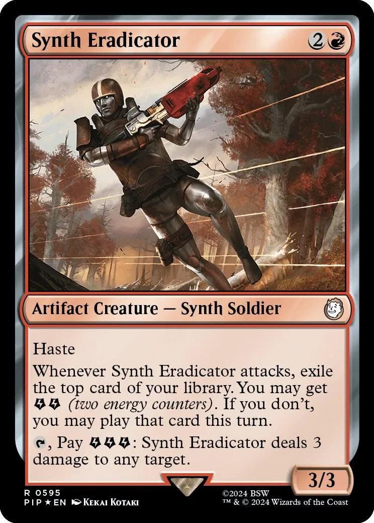Robot soldier firing red weapon in dark, wooded environment. Magic: The Gathering card.