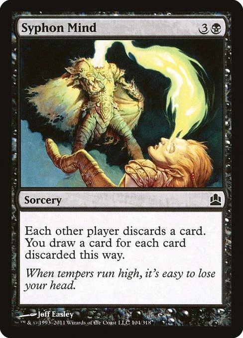 Creature card art: large, glowing figure above a reclining person. Black and gold tones.