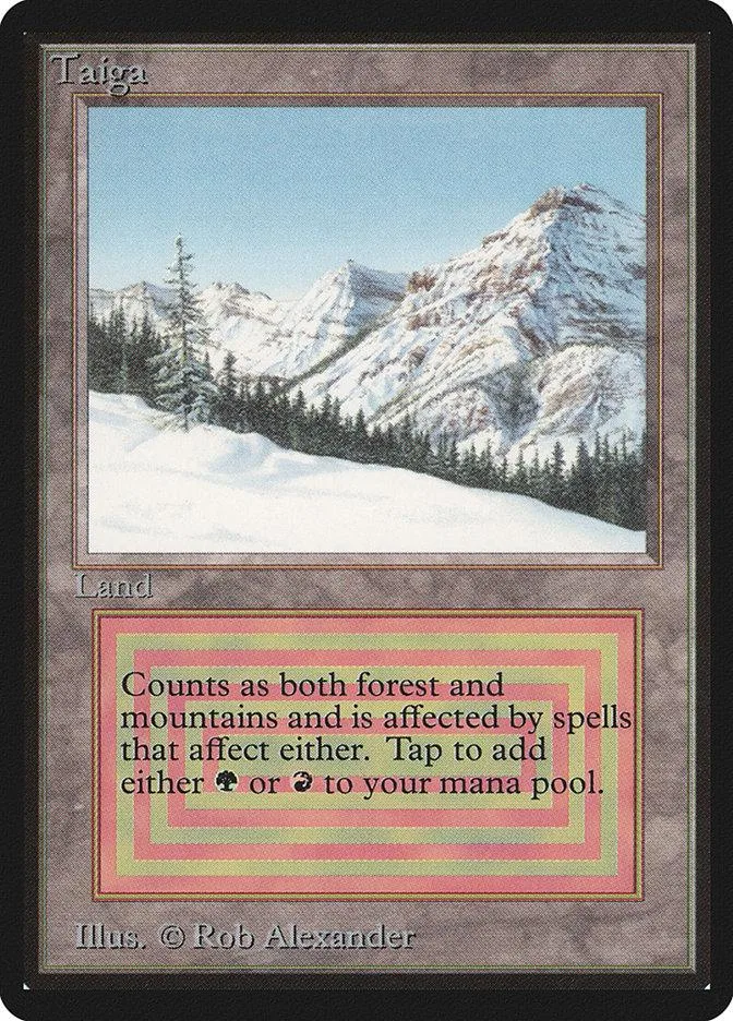 Magic: The Gathering "Taiga" land card, snowy mountain landscape art.