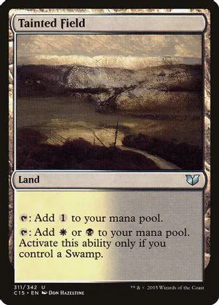 Tainted Field Magic: The Gathering land card, dark landscape art.