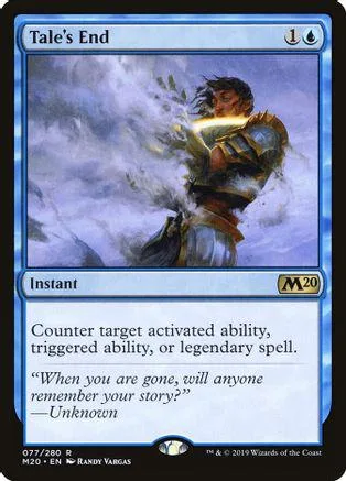 Blue and white Magic: The Gathering card, Tale's End, featuring a warrior figure.