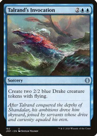 Blue and red dragon in stormy sky on a Magic: The Gathering card.