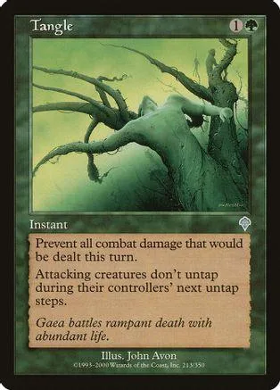 Green card art depicting gnarled trees and a figure. Tangle instant spell.