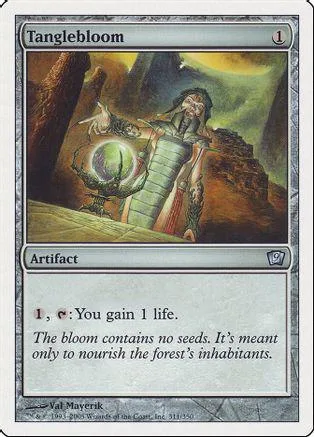 Card art depicts a figure in a forest holding a glowing orb. Tangblebloom artifact card.