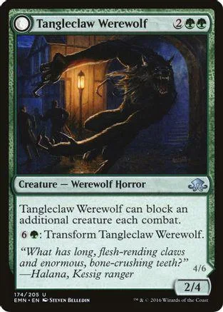 Black werewolf creature card art, dark forest setting, green border.