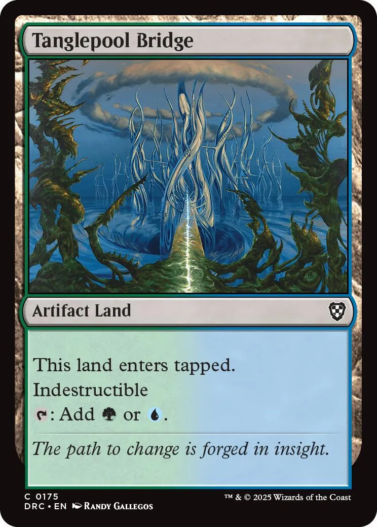 Blue and green fantasy landscape card art. Tanglepool Bridge Artifact Land.