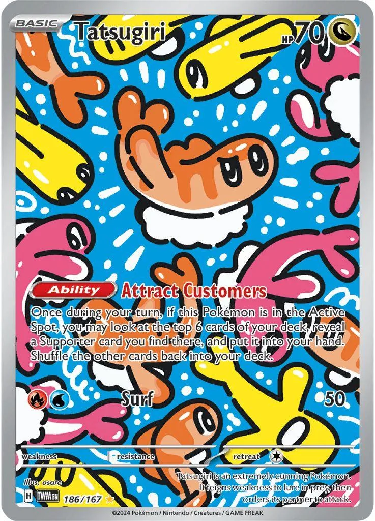 Orange, white, and blue Pokémon card with "Attract Customers" ability text.