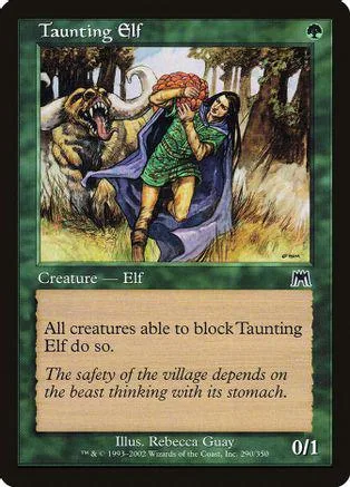 Elf creature under attack by a large beast in a forest setting.