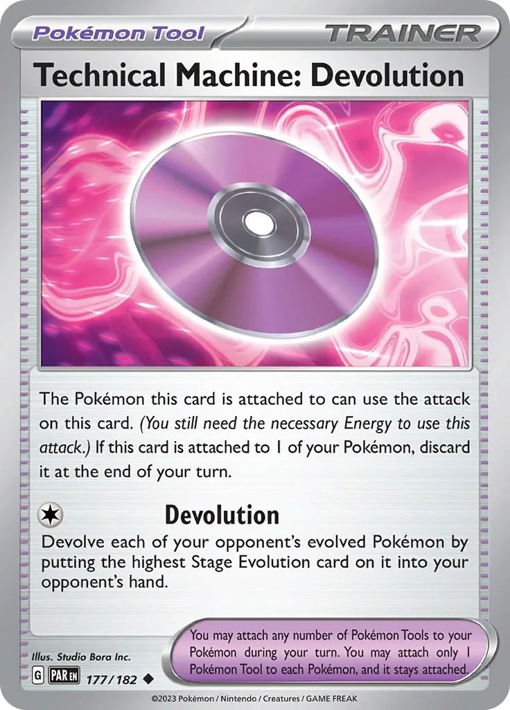 Shiny purple and pink Technical Machine: Devolution Pokémon card.