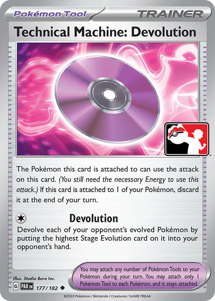 Shiny purple disc on Pokémon card. Technical Machine: Devolution.