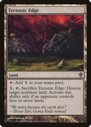 Dark, rocky landscape art on a "Tectonic Edge" land card.