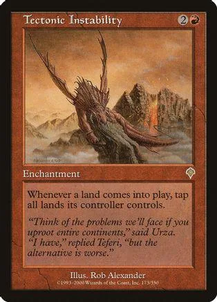 Large brown, spiky creature on a mountainous, orange-toned landscape card.
