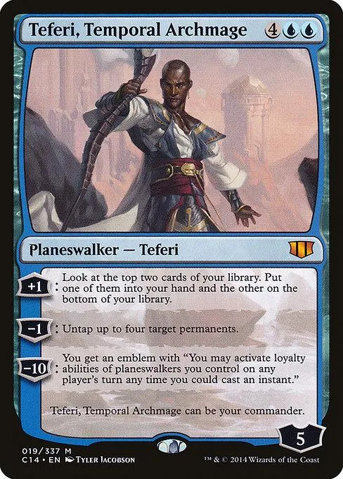 Card art depicts a dark-skinned man in robes holding a staff. Blue and black mana symbols visible.