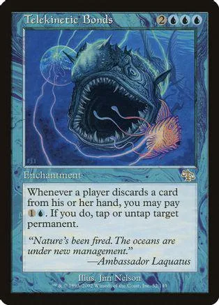 Blue and black monster card with tentacles and fish in a blue background.
