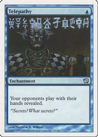 Dark, shadowy figure on a Magic: The Gathering card titled "Telepathy.