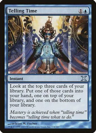 Blue and gold mystical figure on a card titled "Telling Time.