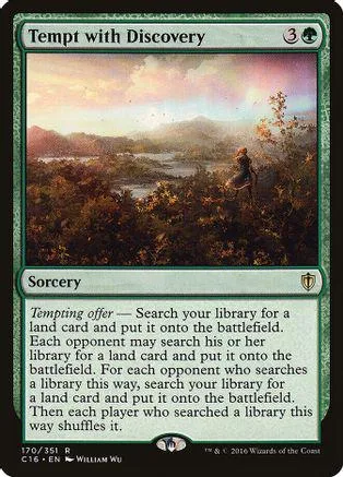 Green landscape card art with a small figure; "Tempt with Discovery" text.