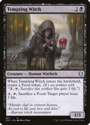 Hooded witch holding red apple, dark fantasy art, Magic: The Gathering card.