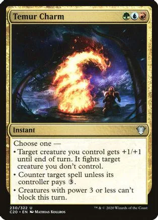 Magic: The Gathering card, Temur Charm, fiery scene, black and blue tones.