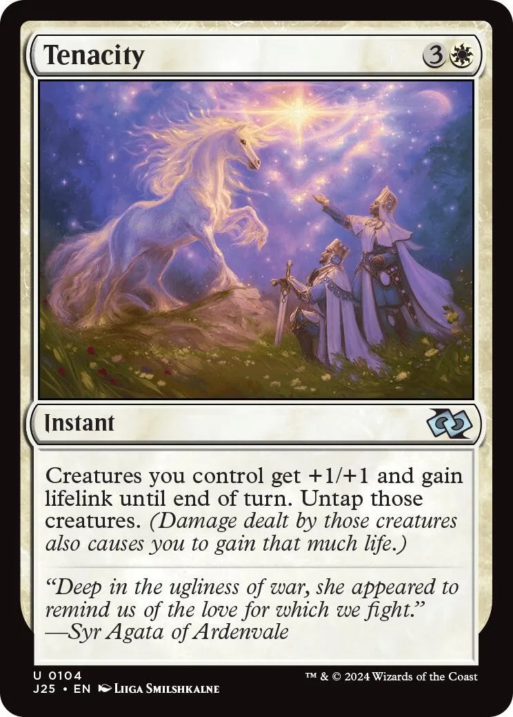 White and purple fantasy art card featuring a glowing horse and robed figures.