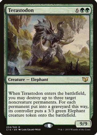 Dark grey, monstrous dinosaur creature on a green landscape card.