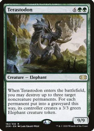 Dark, armored dinosaur creature on a green, misty landscape card.