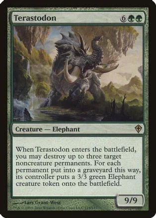 Dark, imposing dinosaur creature on a green fantasy landscape card.