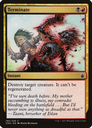 Dark, monstrous creature on a card with "Terminate" text box.