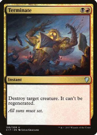Dark fantasy creature on a black and gold Magic: The Gathering card.