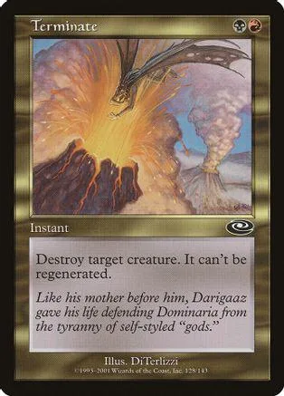Dragon flies over erupting volcano on a Magic: The Gathering card.