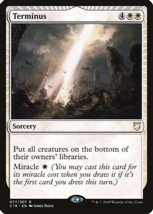 Dark fantasy art card, "Terminus," showing a bright beam of light in a stormy landscape.