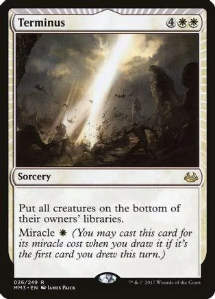 Black and white card art showing a bright beam of light in a dark, stormy landscape.