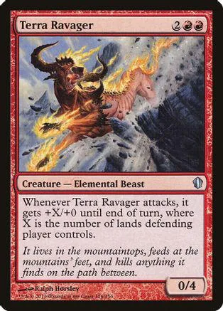 Fiery, horned beast riding a horse on a snowy mountain landscape.