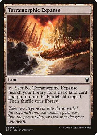 Fantasy landscape card art, fiery storm, dark tones, showing "Terramorphic Expanse.