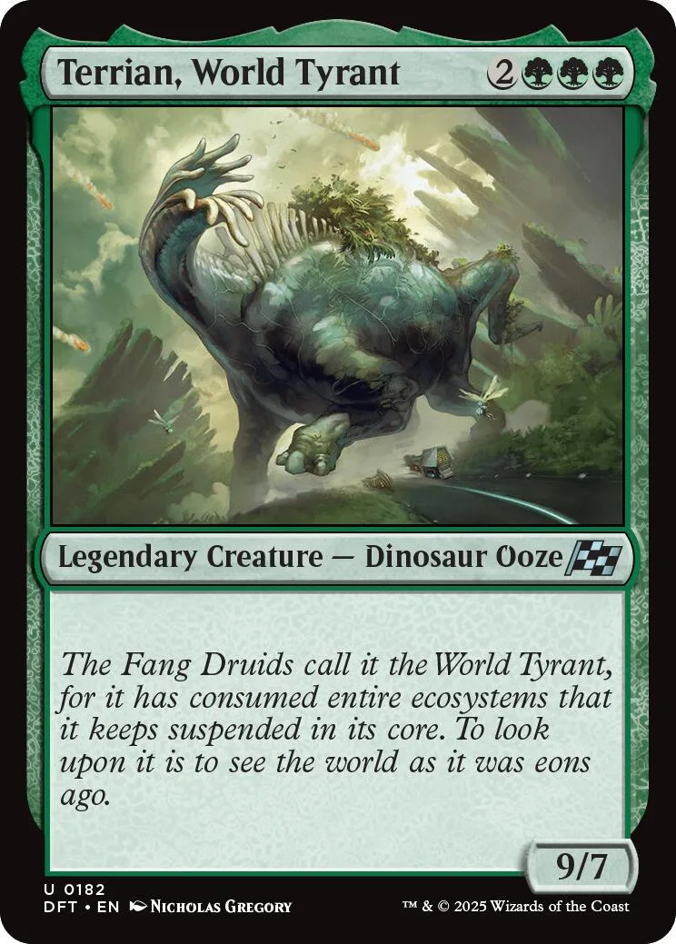 Green dinosaur creature card art, Terrian, World Tyrant, on a green border.