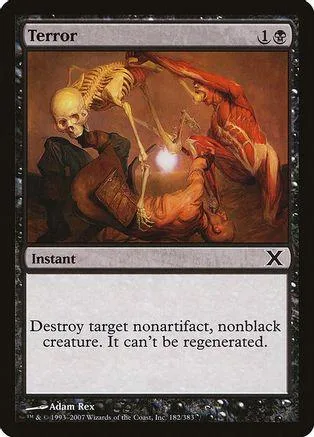 Skeleton and fiery figure attacking a prone figure on a Magic: The Gathering card.