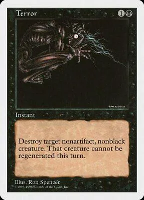Dark, skeletal creature art on a black card with white text.